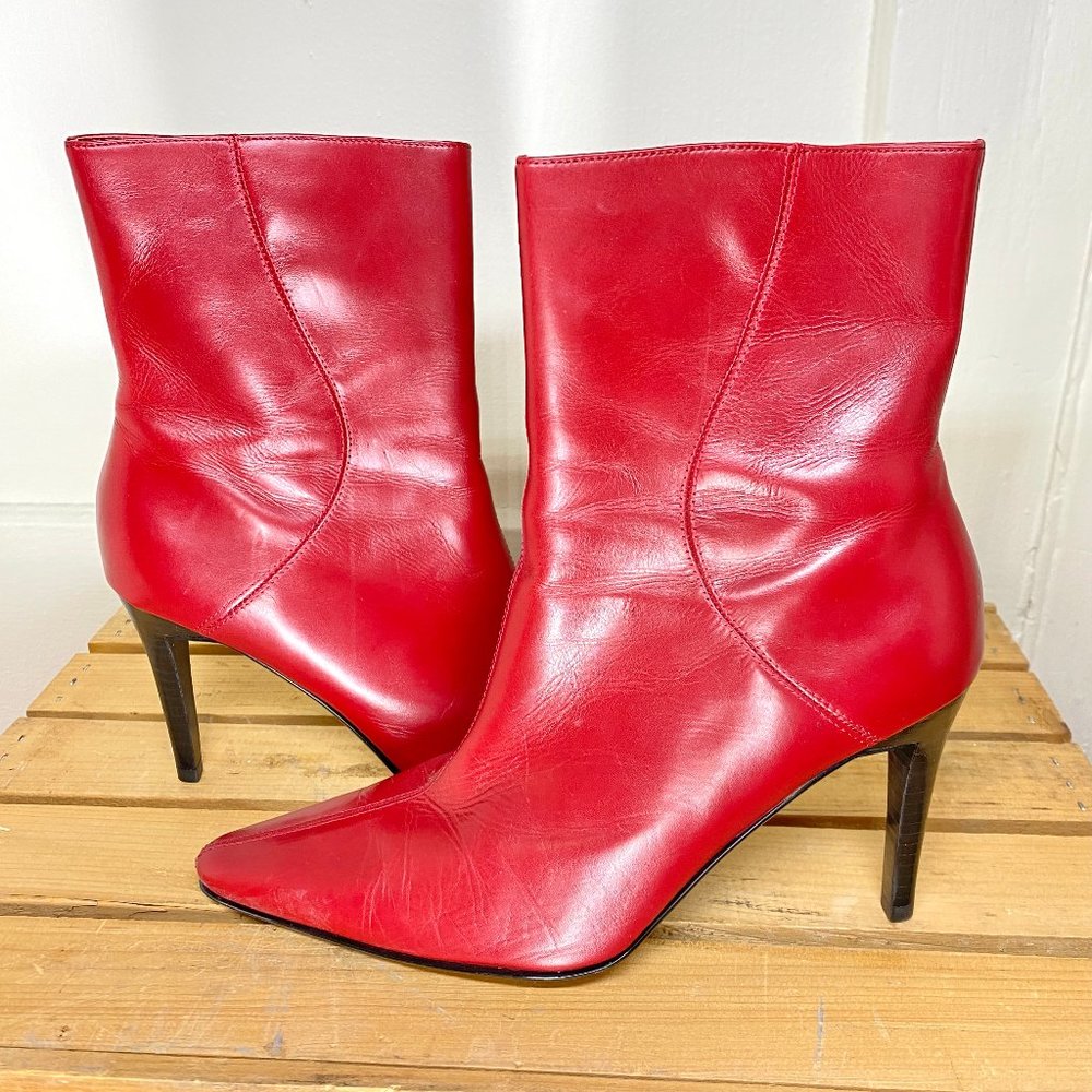 Red Leather Pointy Toe Stilleto Ankle Zip Booties Lord & Taylor Women's size 8.5